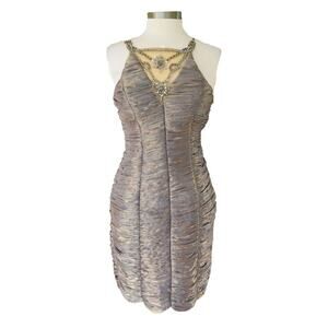 SUE WONG Ruched Metallic Jeweled Cocktail Sheath Dress
